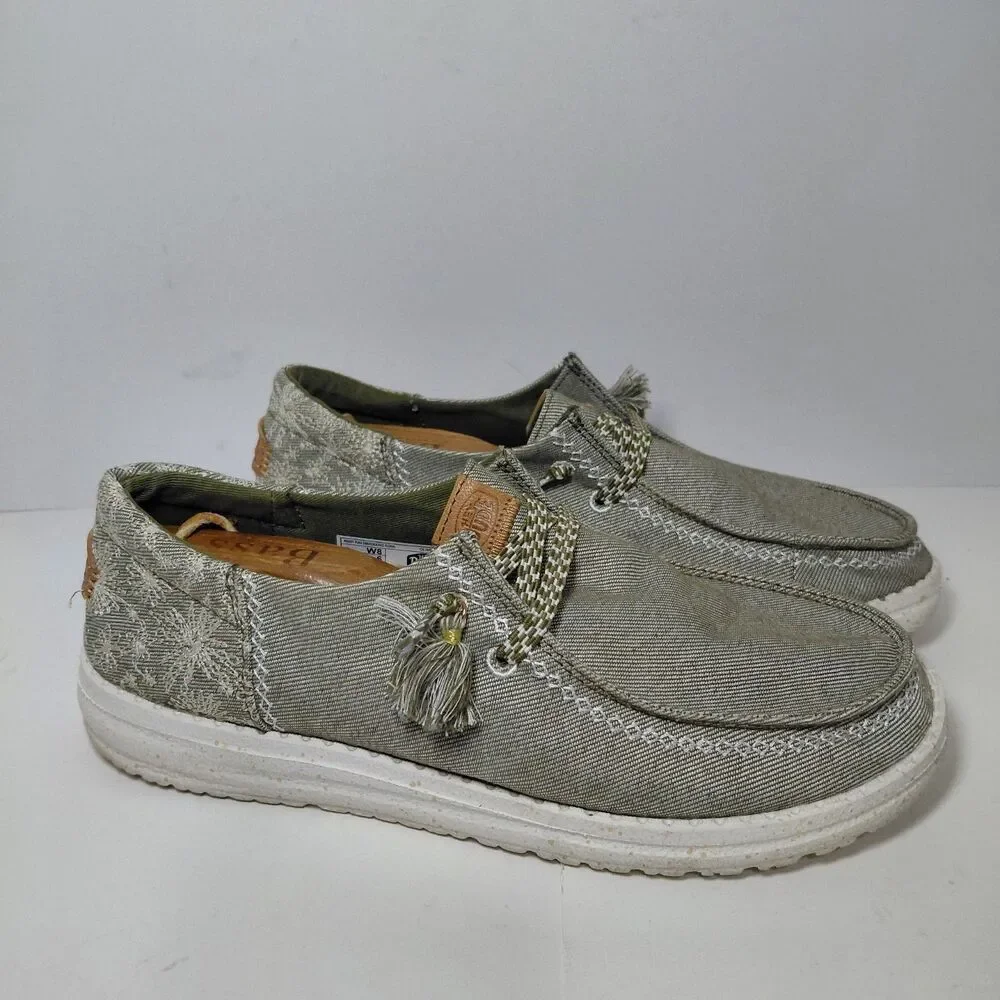 Hey Dude Wendy Funk Embroidered Floral Womens Shoes Sz 8 Green No Insoles